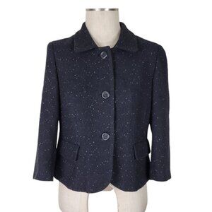 Ann Taylor Blazer Size 12 Black White Flecked 3/4 Sleeves Pockets Wool Blend
